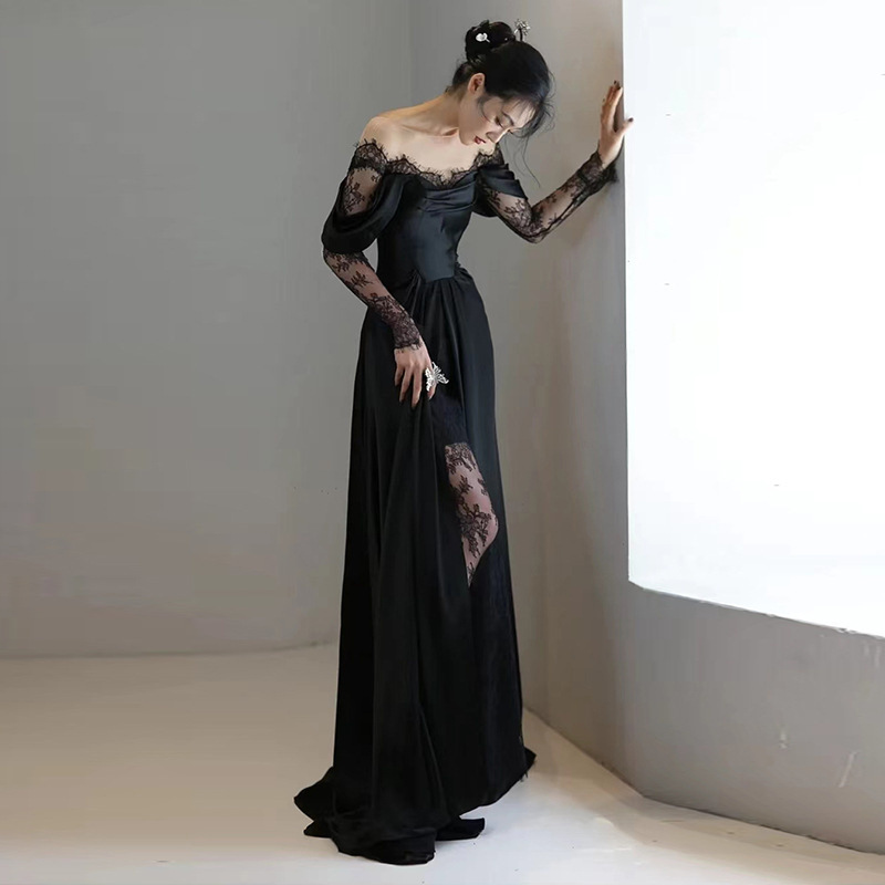 Black Socialite Evening Dress Women's 2022 New High-end Light Luxury Niche Banquet Host Dress High-end Sense Off-shoulder