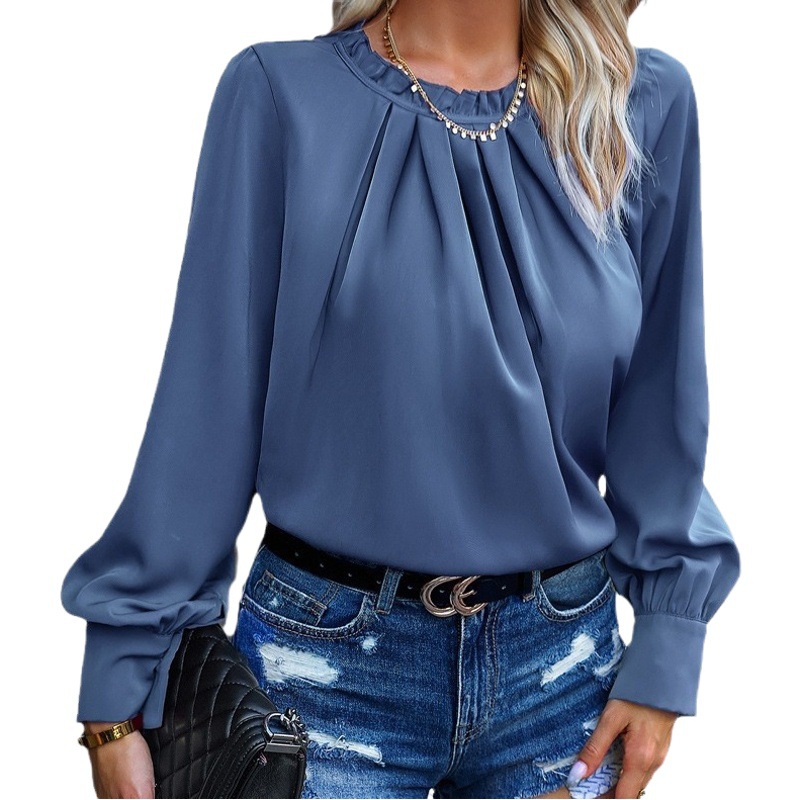 2024 Spring and Autumn new cross-border European and American pullover women's clothing Amazon temperament long sleeve elegant lace collar solid color top