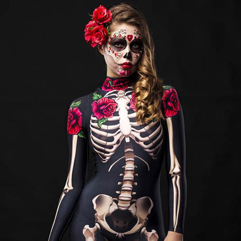 Picture of FC637 in stock European and American Halloween Women's Distinctive cosplay Family Dress Rose Skeleton Printed Pants