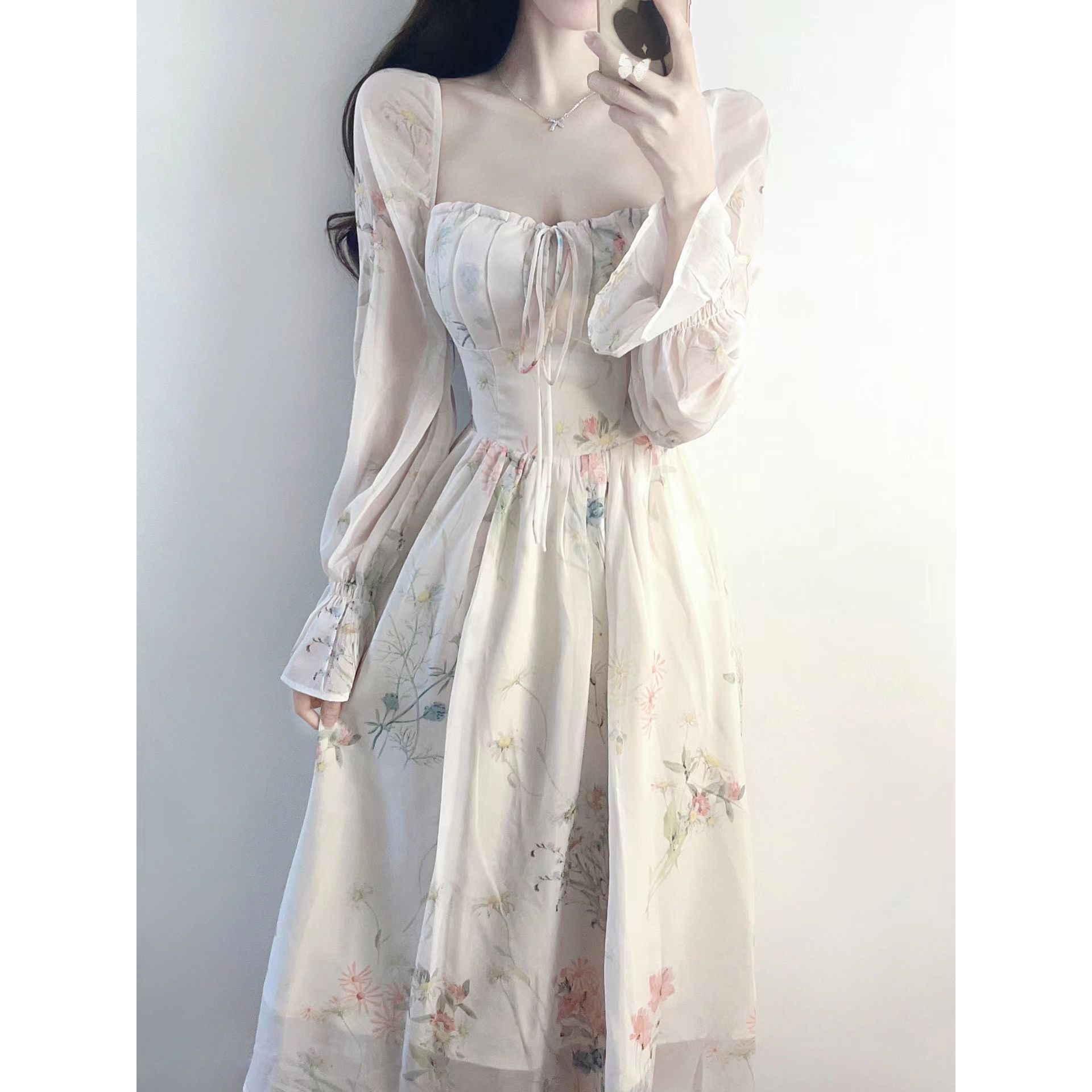 French Style Tea Break Small Fragrant Style Floral dress Spring Dress Women's 2024 New Elegant Goddess Style Platycodon Grandiflorum Chiffon Long Dress
