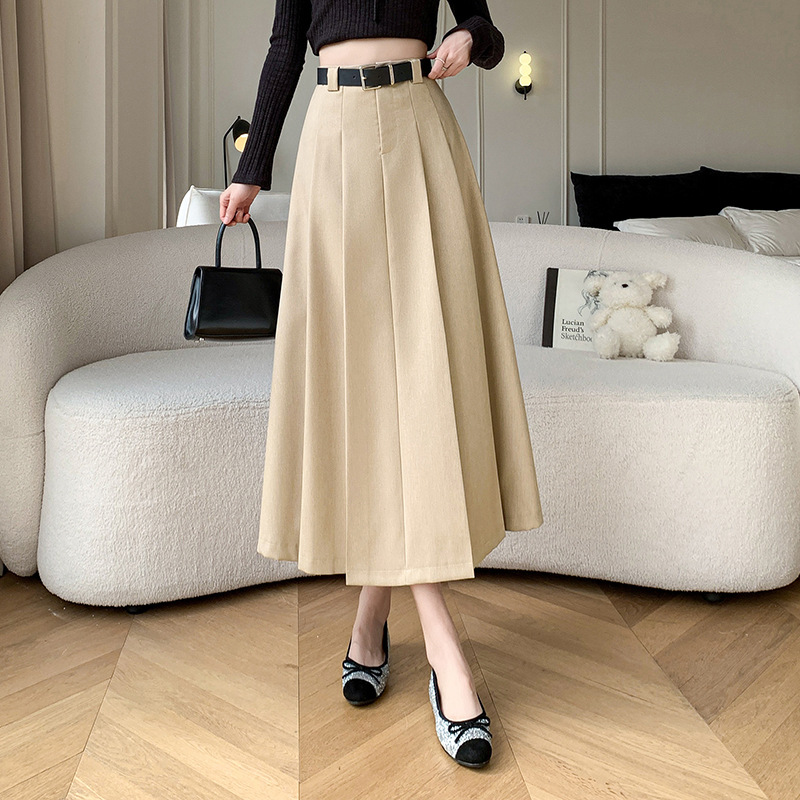 Mid-length Skirt Women's Spring and Summer 2024 New High Waist A- line Large Swing Umbrella Skirt OL Over-the-knee Suit Pleated Long Skirt