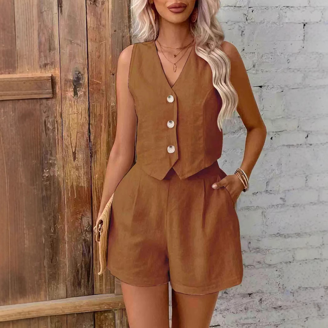 2025 Cross-Border European and American Linen Summer Fashion Two-Piece Set for Women Sleeveless Casual Vest Shorts Set for Women Export Batch