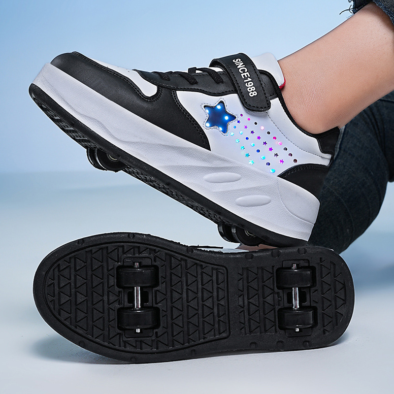Cross-border heloo shoes manufacturers wholesale rechargeable luminous shoes LED lights children adult roller skating shoelace wheels