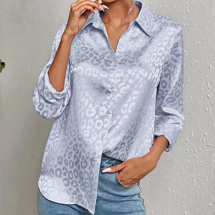 Picture of 2025 Europe and the United States Amazon cross-border new satin temperament commuter loose long sleeve jacquard leopard print shirt women
