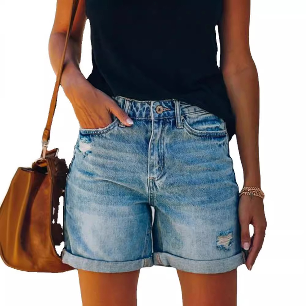 Picture of 2025 Summer Ebay Amazon Wish Street Curled Ripped Straight Pants Women's Denim Shorts Export Trendy Brand