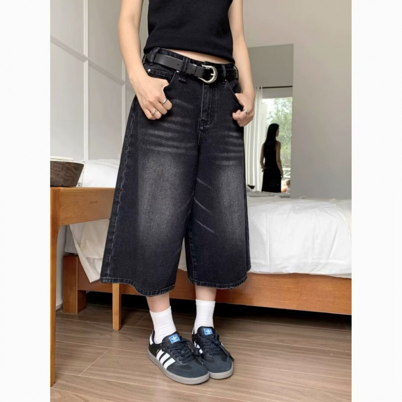 American Retro Denim Shorts Women's plus size Spring and Autumn New High Waist Dummy Wide Leg Loose Straight Cropped Pants