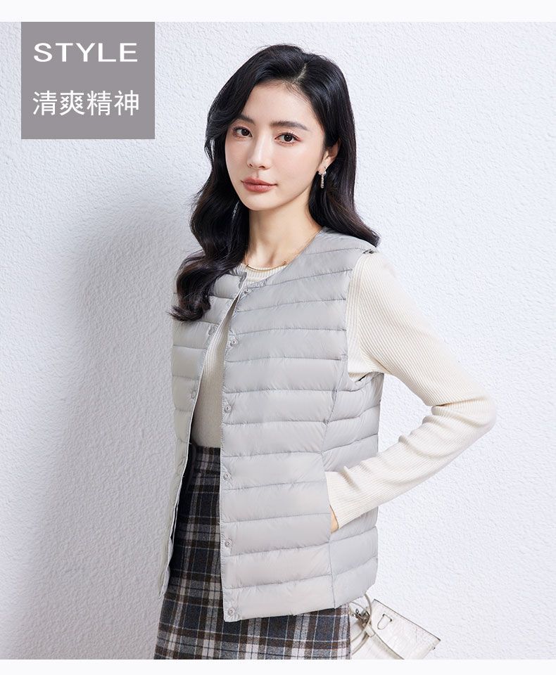 Picture of Autumn and Winter New Lightweight down Jacket Women's Liner Vest Short Round Neck Inner Wear Collarless Lightweight Bottoming Pure Color Vest