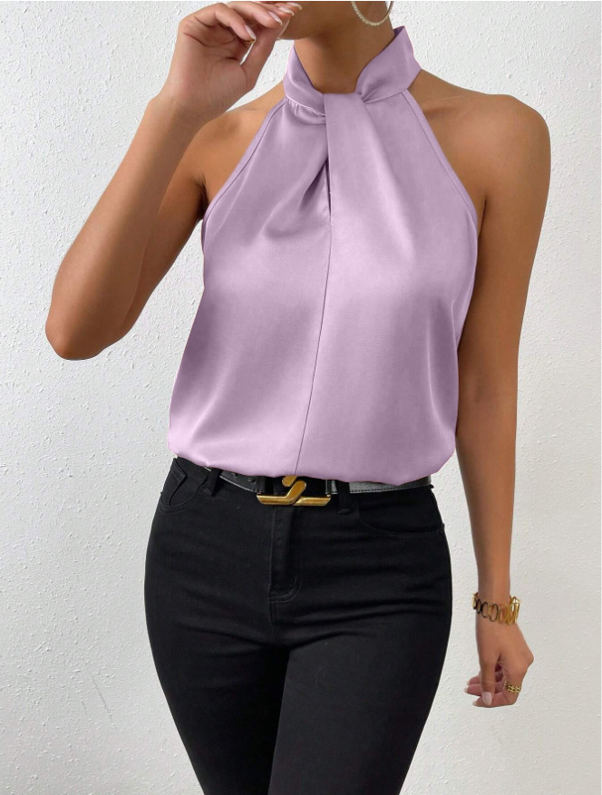 Picture of 2025 New Summer European and American Clothing Satin Halterneck Sleeveless Vest Satin Imitation Silk Top Wholesale in Stock