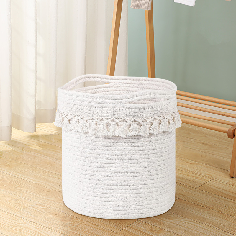 Hand-Woven Cotton Rope Storage Basket Pure Color with Tassel Large Capacity Sundries Storage Basket Basket Storage Basket