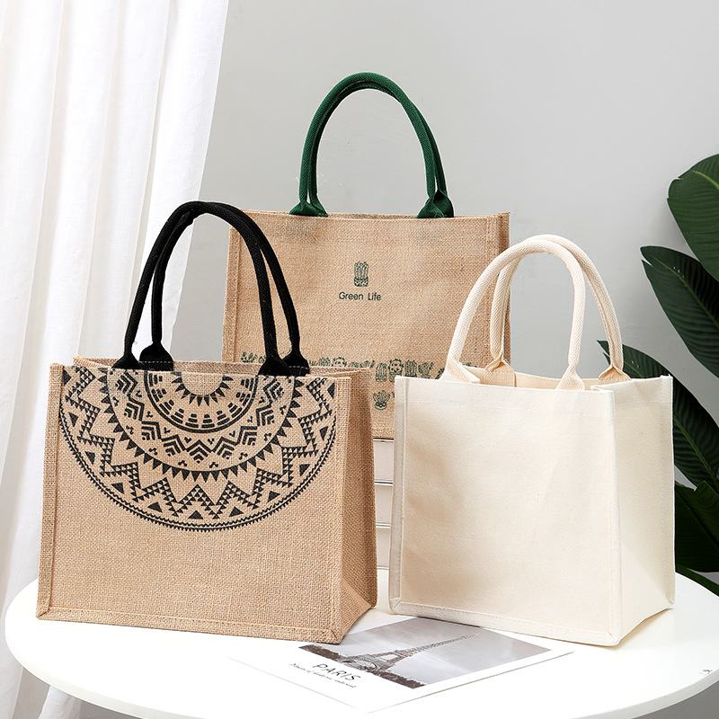 Linen Bag Custom LOGO Artistic Handbag Zipper Shopping Bag Same Style Linen Jute Bag