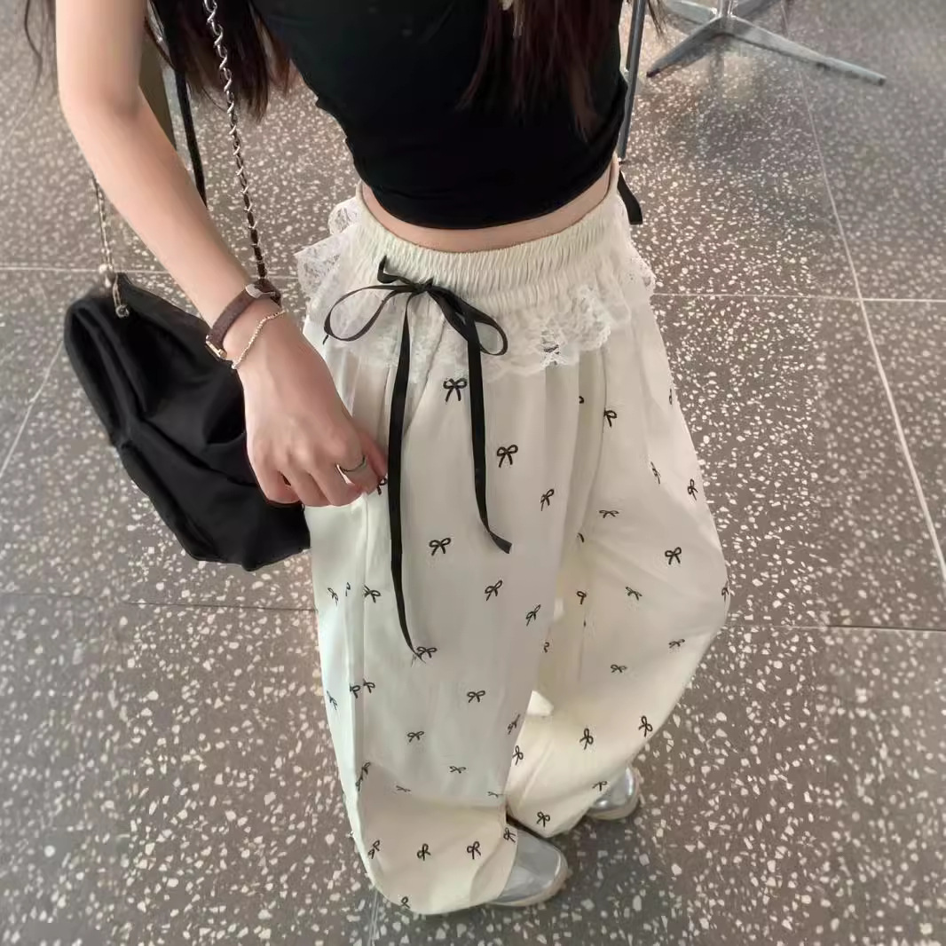 Picture of Sweet Spice Lace Stitching Casual Pants Bow Pants New Summer Loose Loose Waist Wide Pants Straight Leg Pants