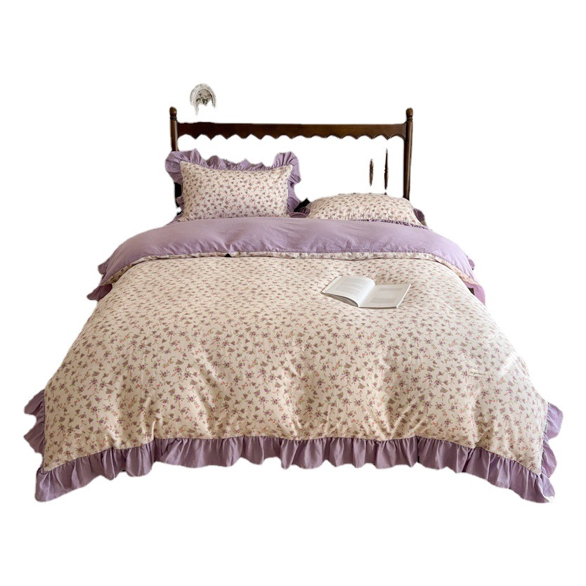 Class A Yarn-dyed Cotton Washed Cotton Dopamine Contrast Four-piece Set 100 Cotton Quilt Cover Bedding Bed Sheet Three-piece Set