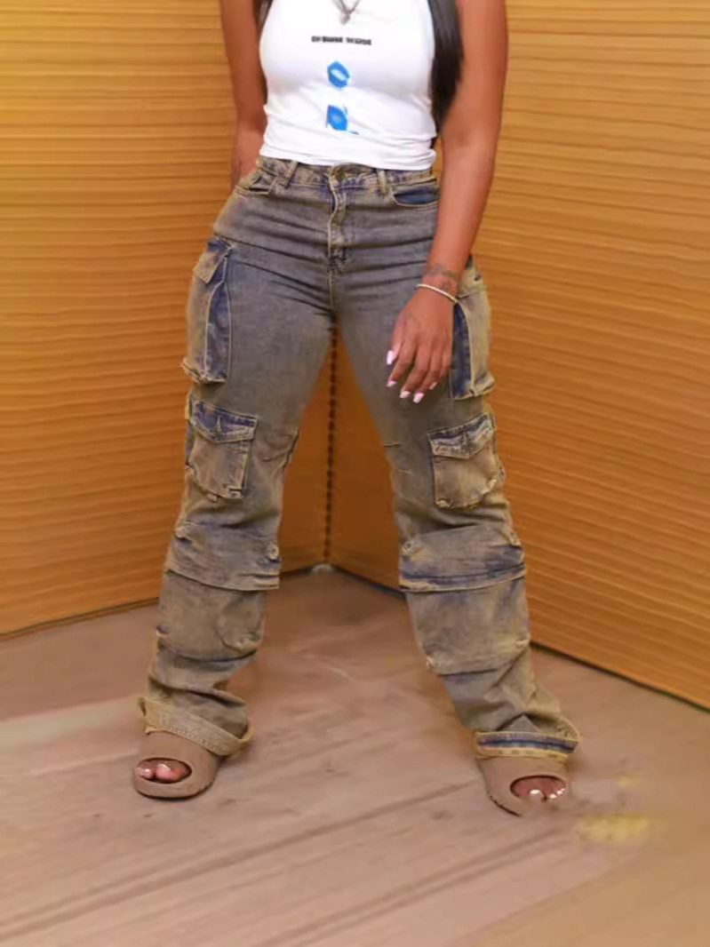2024 European and American Women's Street Fashions New Fashion Multi-Pocket Crane Pants Street Wash Dressed Jeans