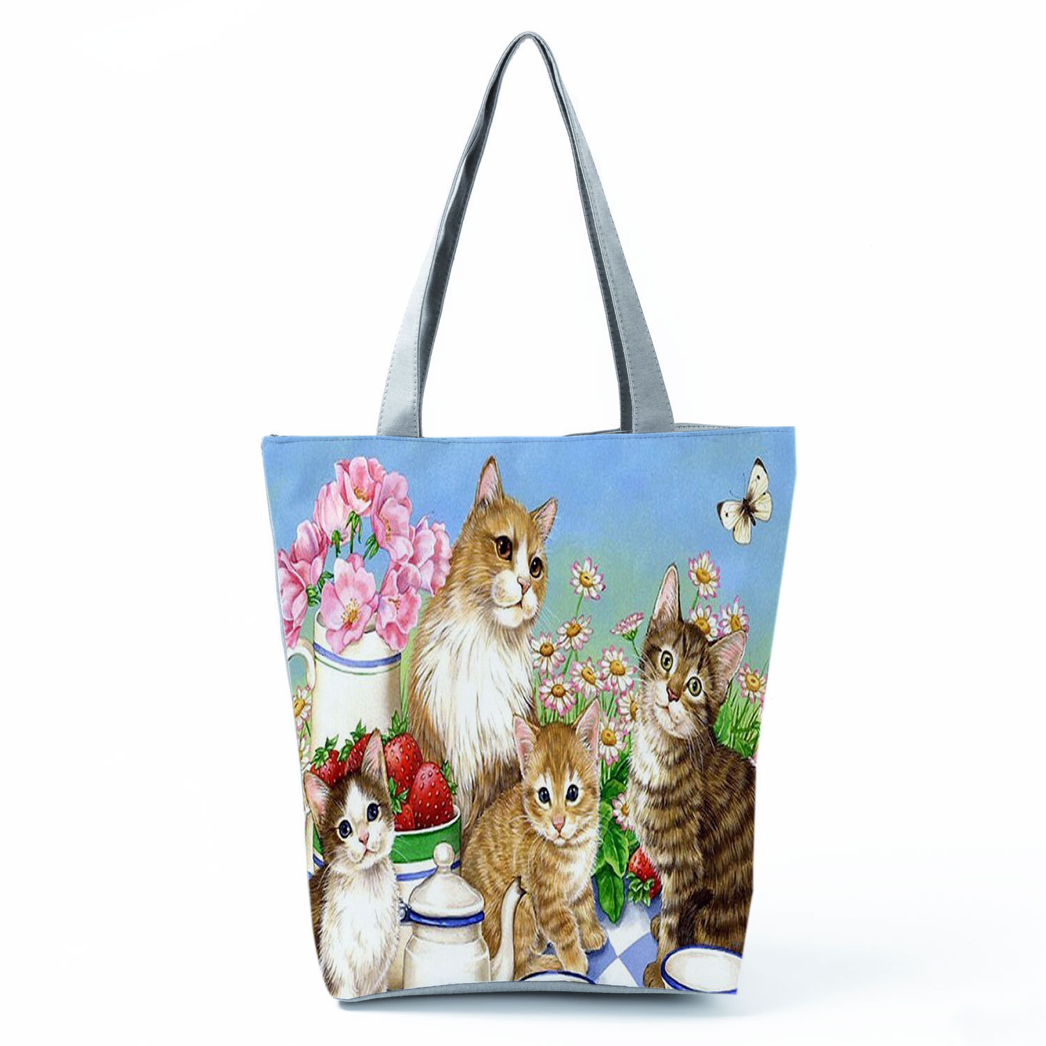 Picture of New cute flower cat printed shoulder bag portable travel storage bag large capacity outdoor tote bag