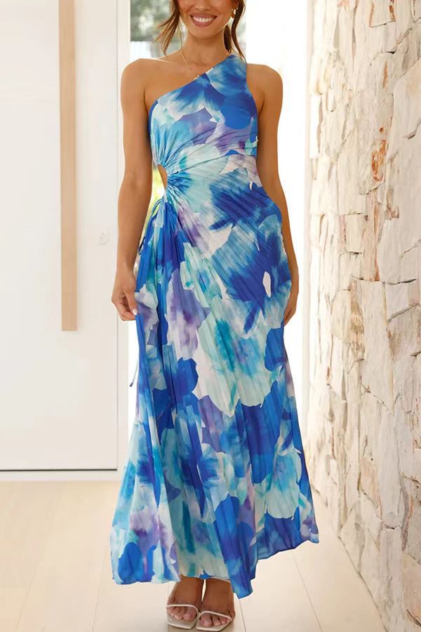 Picture of European and American 2024 Women's New Fashion Solid Color Casual Sexy Elegant One-shoulder Oblique Collar Pleated Hollow Dress