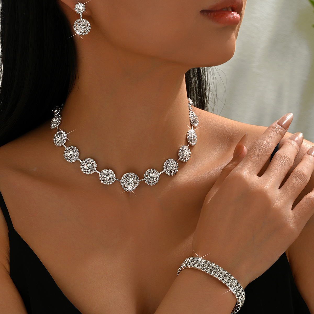 Fashion Rhinestone Earrings Necklace Bracelet Three Piece Claw Chain Bride Wedding Birthday Party Luxury Cross Border Hot Selling