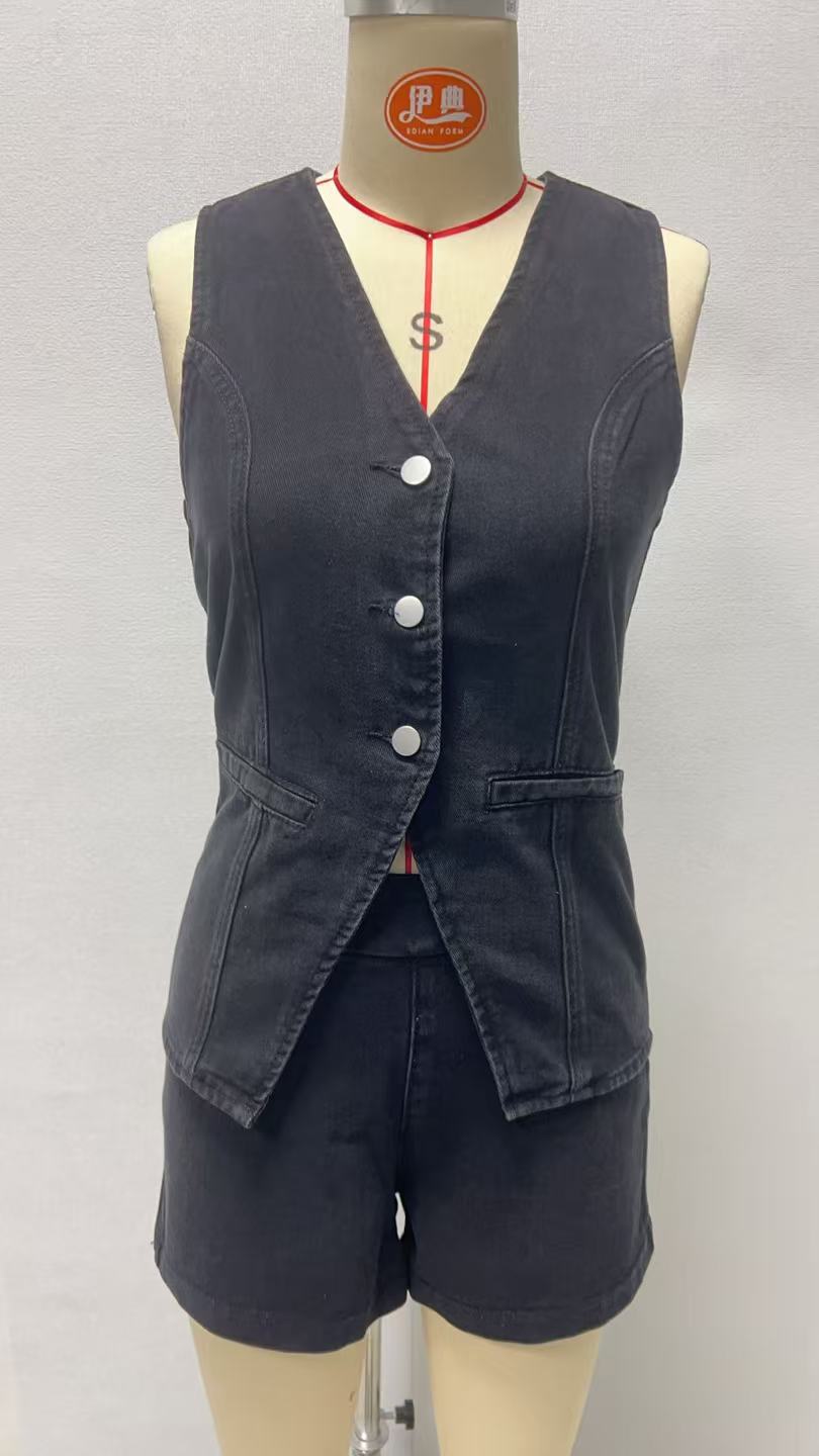 Picture of Vest New Amazon Independent Station European and American Fashion Sleeveless Tight Waist High Waist Loose Denim Shorts suit Women