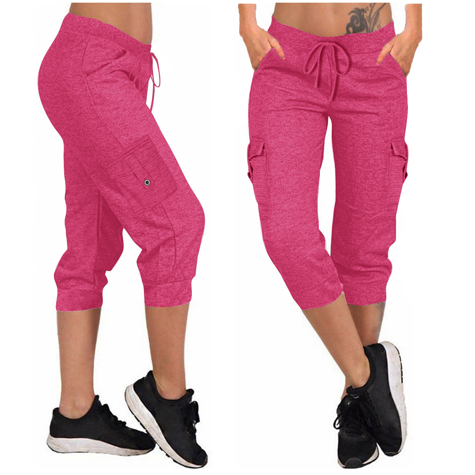In-Stock 2024 Summer Cross-Border European and American Casual Tight-Fitting Drawstring Pocketed Two-Pocket Sports Yoga Capri Pants Commuter Style