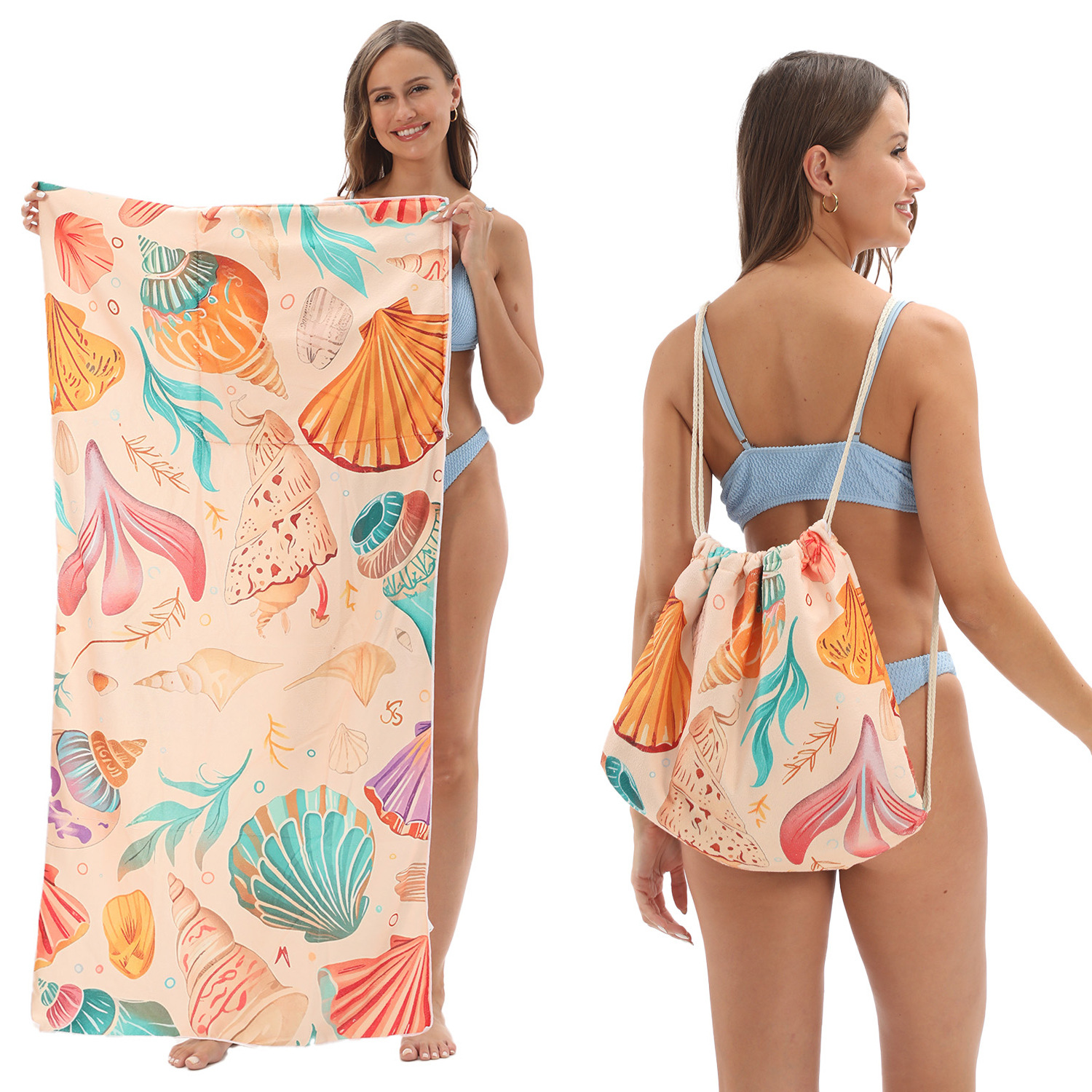Cross-border 80X160 large size foldable beach towel printed bath towel integrated beach towel integrated bag portable