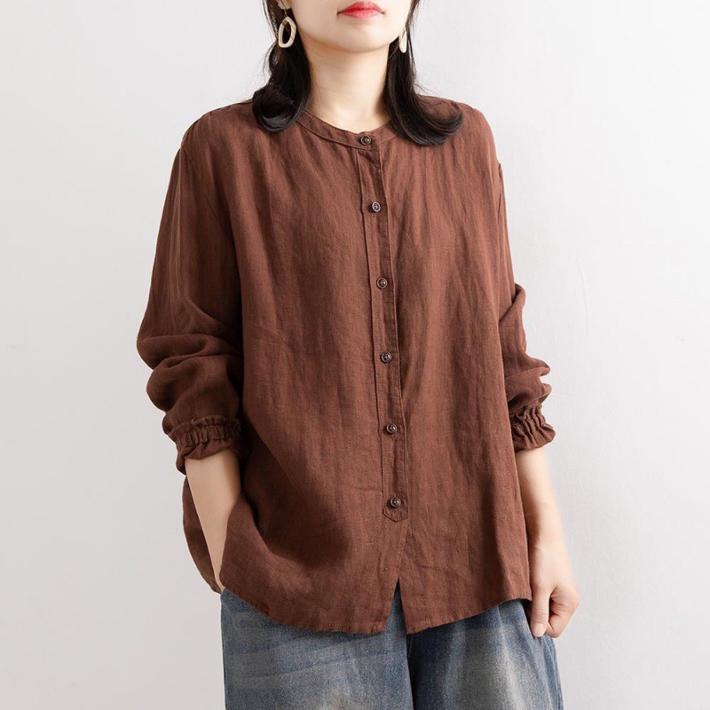 Picture of Artistic Retro Spring and Autumn Cotton Linen Shirt Women's Loose Round Neck Shirt Jacket Casual Jacket Neck Sleeve Top Women