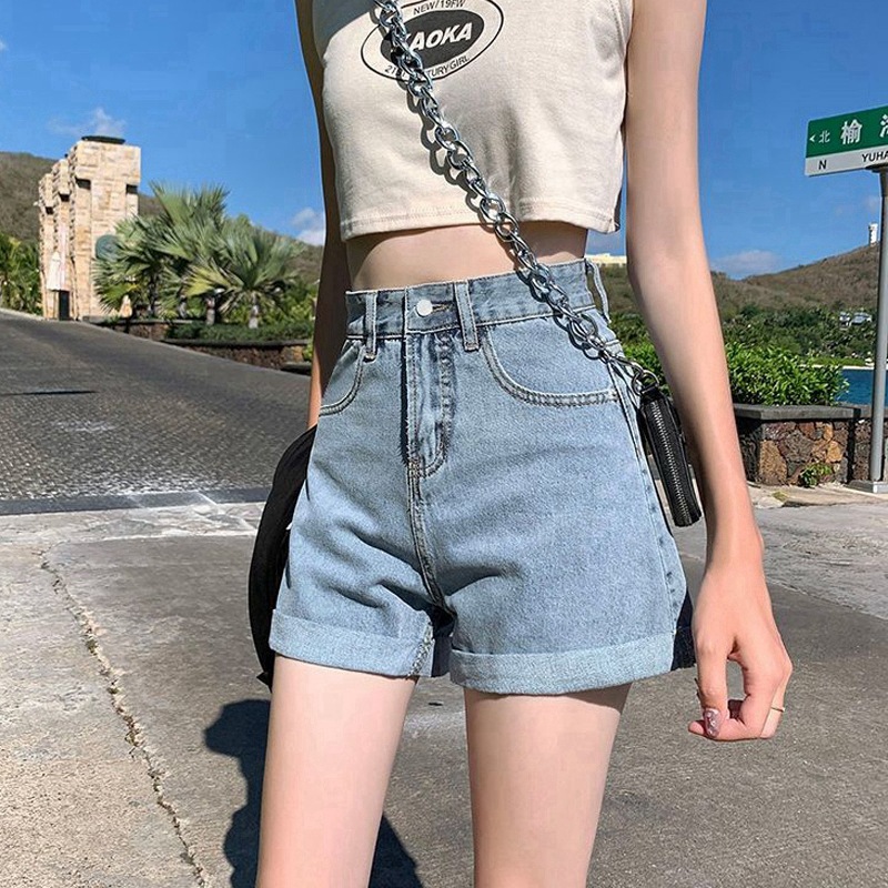 Picture of Summer Thin Ins-style Korean Style High Waist Slimming Denim Shorts Women's Loose A- shape Outer Wear Curled Wide-leg Hot Pants
