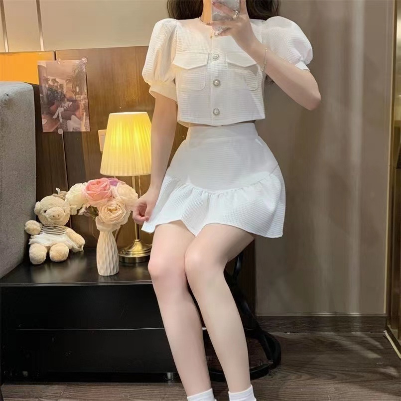 Picture of Elegant socialite Chanel style puff sleeve bow shirt top high waist pleated skirt two-piece suit for women Summer