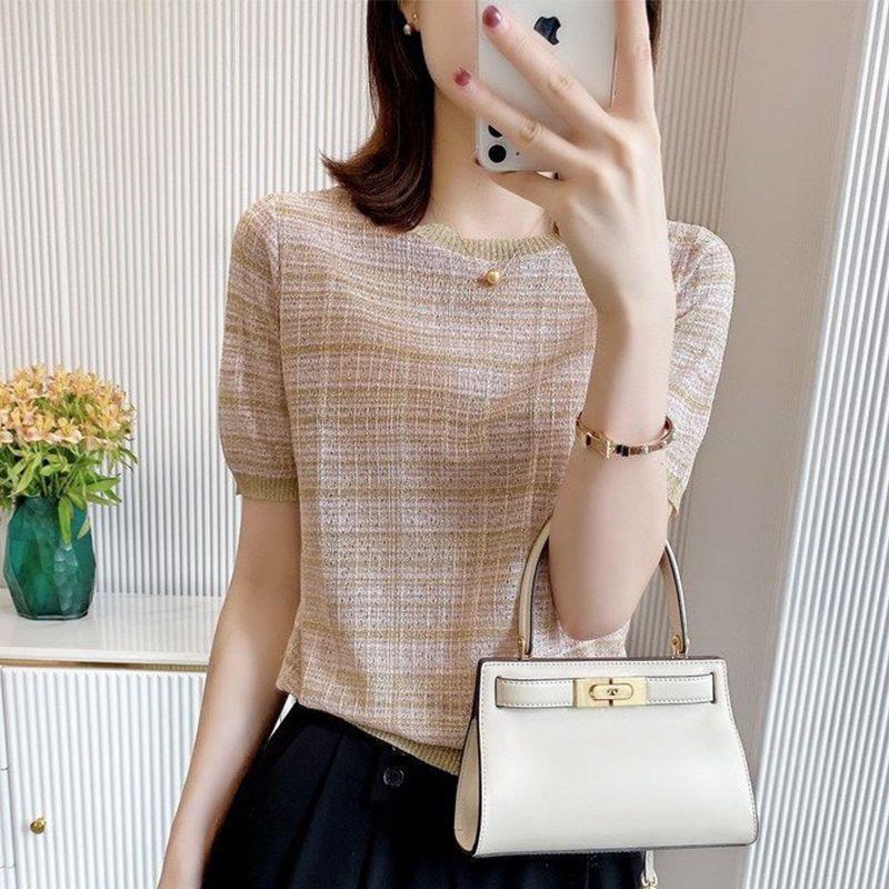 French Style Niche Design Sense Ice Silk T-shirt Women's Loose Dressed Retro Color-block Crewneck Striped Short-sleeve Knitted Top