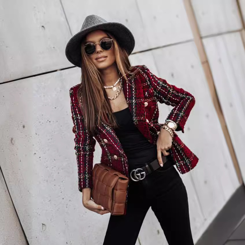 Picture of 2023 European and American Autumn and Winter New Cross-Border Women's Popular Suit Long-Sleeved Double-Breasted Printed Suit Small Outwear Top