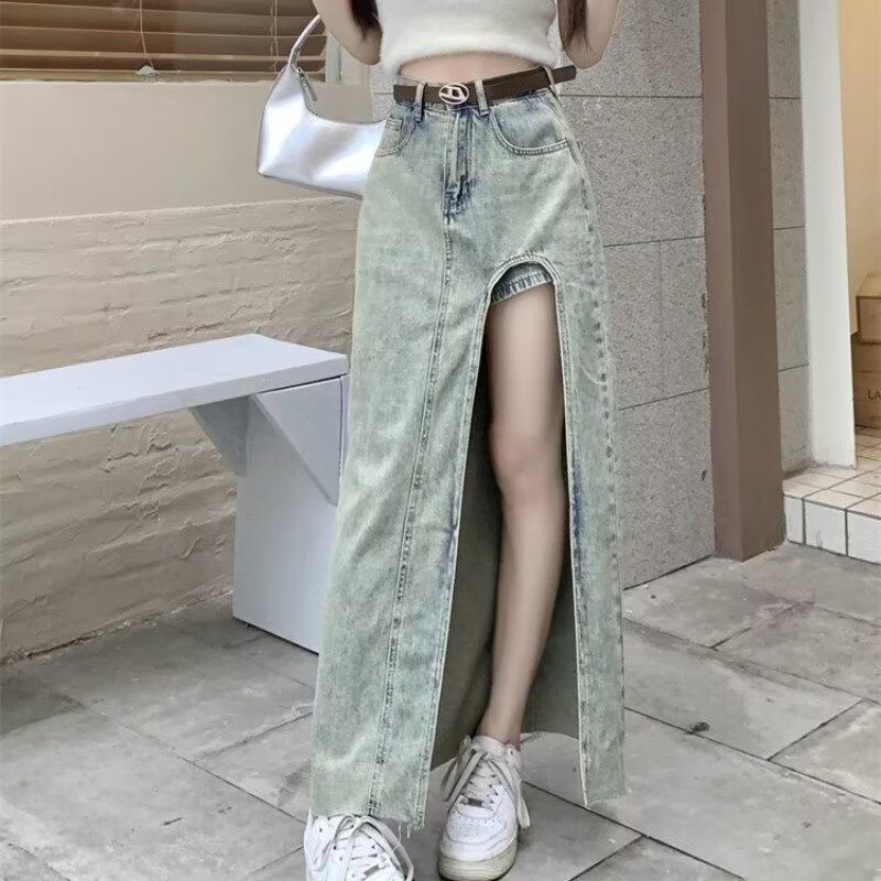 Spice Girl Side Split High Waist Denim Skirt Women's 2024 Summer New Slim-fit Slimming A- line Hip Long Skirt