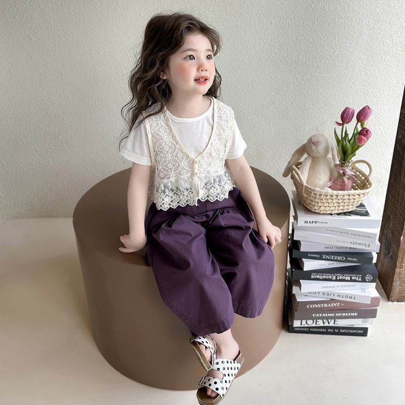 Girls' Korean-style Fashion Short-sleeved Casual Lace Vest suit Children's Summer New Stylish Trousers Three-piece Set