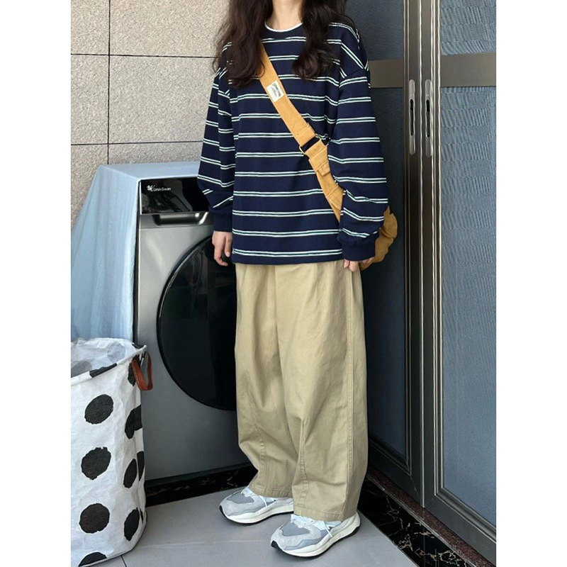 Chic Korean-style Striped Thin Sweatshirt Women's plus size Loose Autumn and Winter New Retro Long-sleeved Trendy Cross-border Top