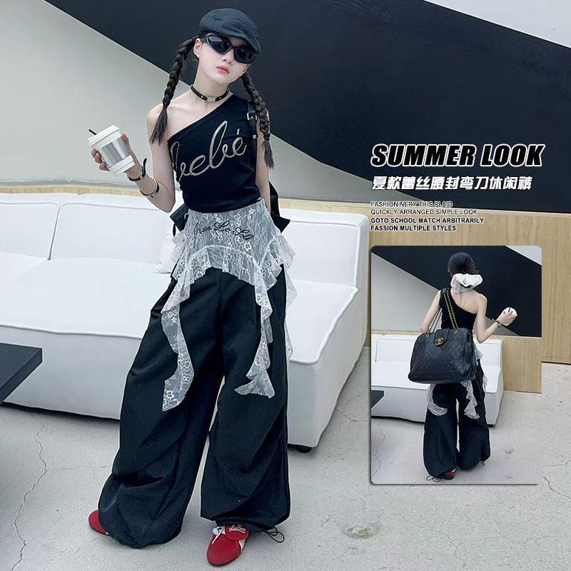 Girls' 2025 Spring and Summer New Korean Style Sweet Lace Embroidered Letter Stitching Cover Pants High Waist Casual Wide Leg Pants