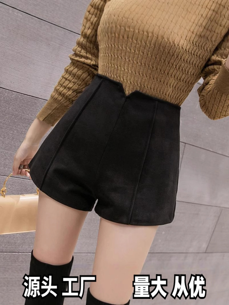 plus size Women's chubby girl Woolen Shorts Autumn and Winter High Waist Woolen Casual Pants All-match A- line Wide Leg Boots Pants