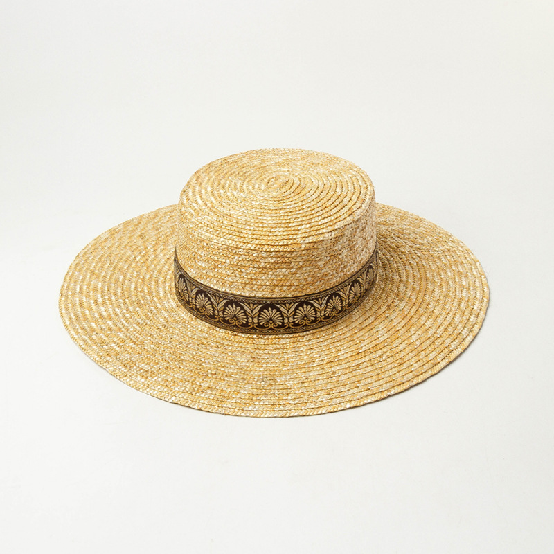 European and American New Retro Pattern Embroidered Ribbon Decorative Straw Straw Hat Flat Top Travel Sunshade Sunscreen Beach Straw Hat