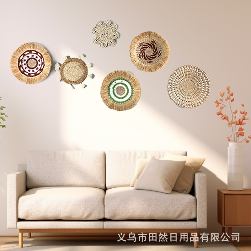 Picture of Bohemian style straw wall decoration living room background wall decoration ethnic round hanging decoration sofa bedside hanging decoration