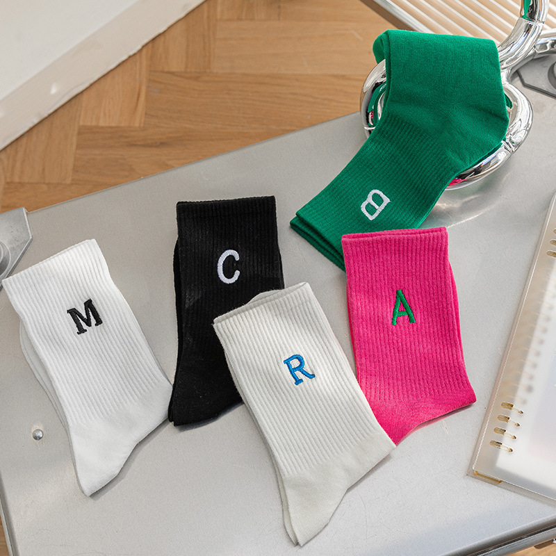 Big ABC Letter Embroidered Mid-length Socks Children's Spring and Autumn Cotton Socks Korean-style All-match Sports Stockings Ins Fashionable Stacking Socks