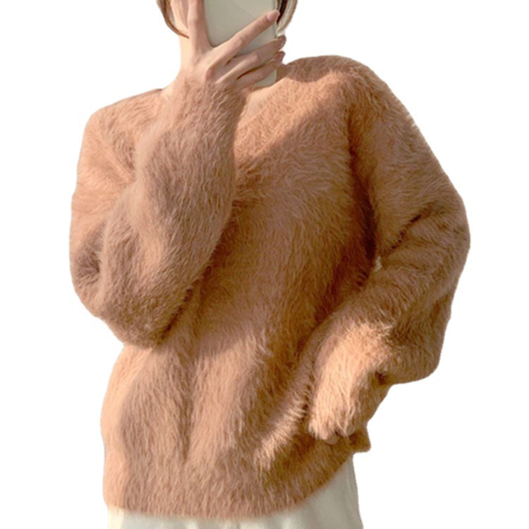 Picture of Mink Hair Imitation Mink Cashmere Sweater Women's Autumn and Winter Thickened Pullover Winter Loose Lazy Style Mohair V-Neck Top
