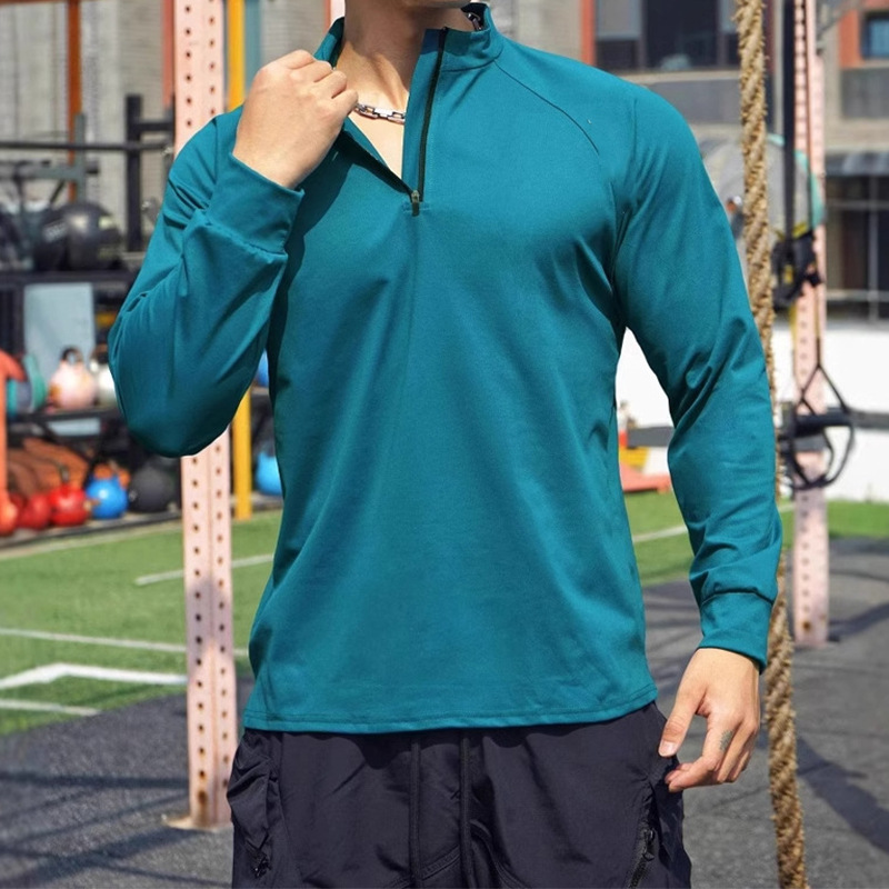 Autumn and Winter Solid Color Half Zipper Vertical Collar Long Sleeve Men's Outdoor Training Sports Running Cycling Fitness Clothes Quick Dry Clothes