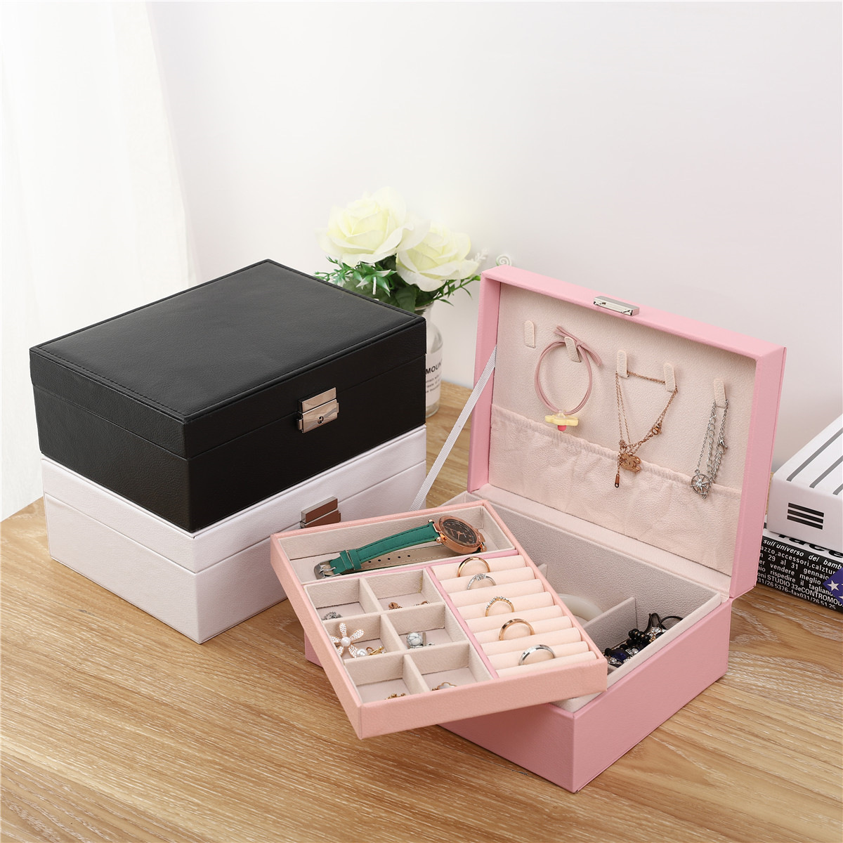New simple double-layer large-capacity jewelry storage box with lock wooden PU leather jewelry earrings jewelry box wholesale