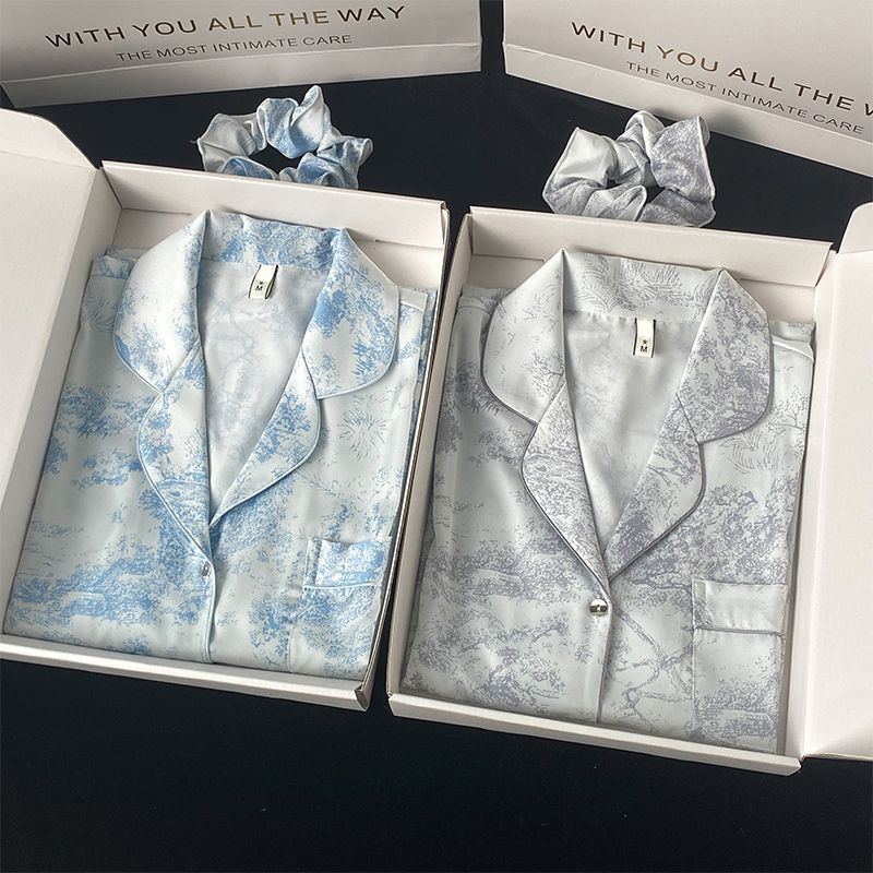 Pajamas Women's Spring and Autumn long-sleeved artificial silk 2023 New elegant Korean style home wear suit can be worn outside women