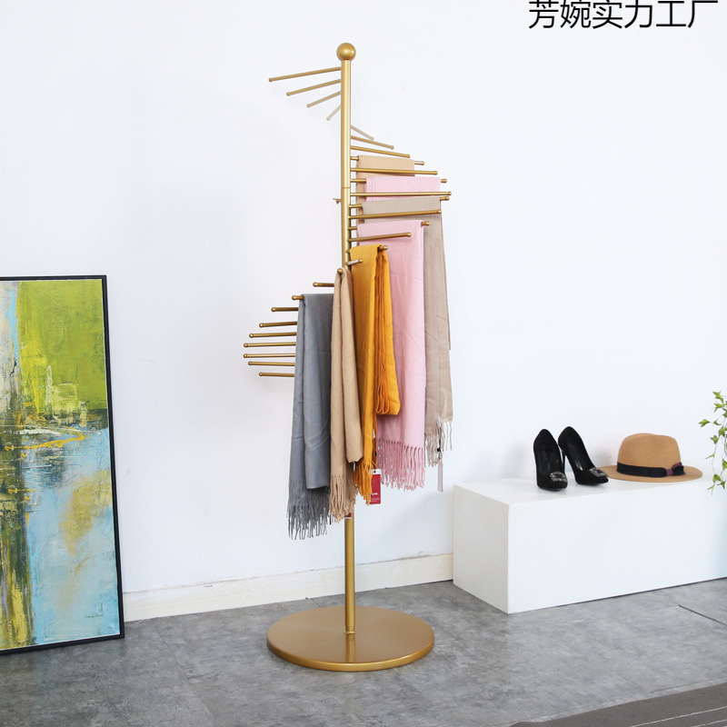 Floor rotating scarf display rack golden wrought iron clothing store hanging silk scarf display rack creative coat rack