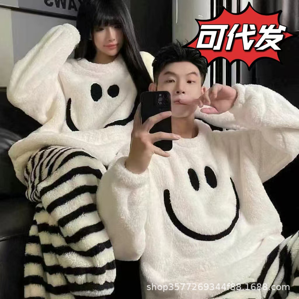 Autumn and Winter Couple Pajamas Women's Coral Fleece Flannel fleece-lined Thickened Men's Winter Warm Home Clothes suit