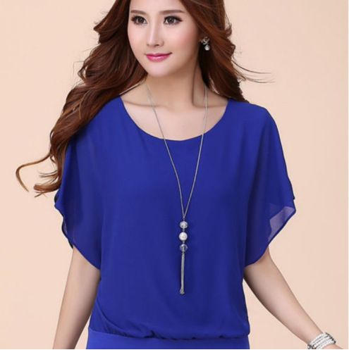 Picture of Foreign Trade Summer New Korean Style Slim-fit Mid-length Short-sleeved Chiffon Top Large Size Loose Base Shirt Women's Small Shirt