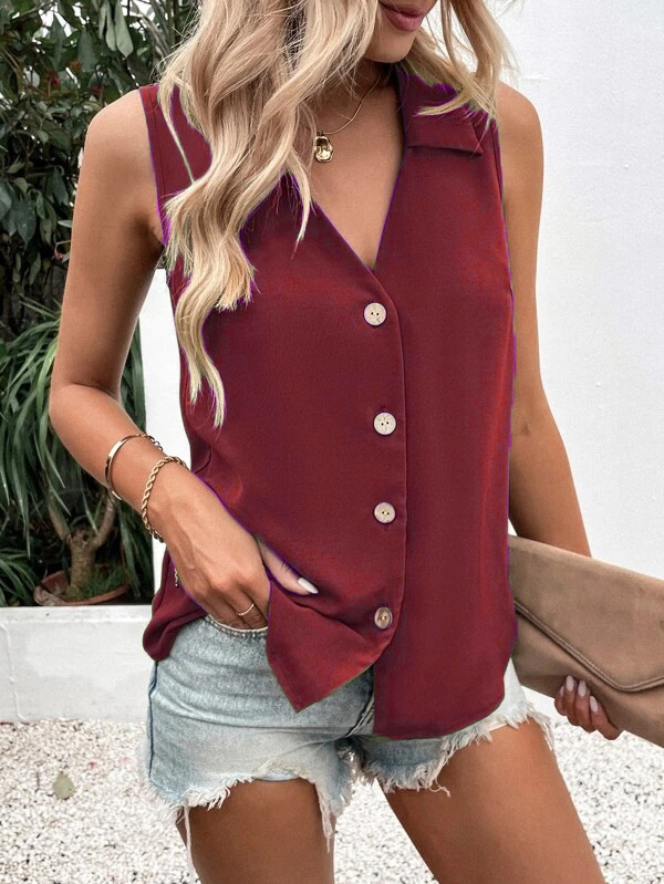 Picture of 2025 European and American Cross-Border Summer New Women's Clothing Pure Color V Neck Loose Chiffon Shirt Sleeveless Twist Button Vest Shirt for Women