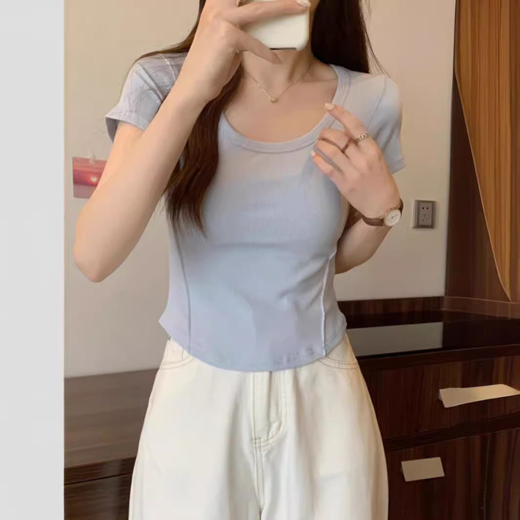 Picture of Irregular U-neck Short-sleeved T-shirt Women's 2025 Summer New Korean Style Slim-fit High Waist Short Student Solid Color Trendy Top