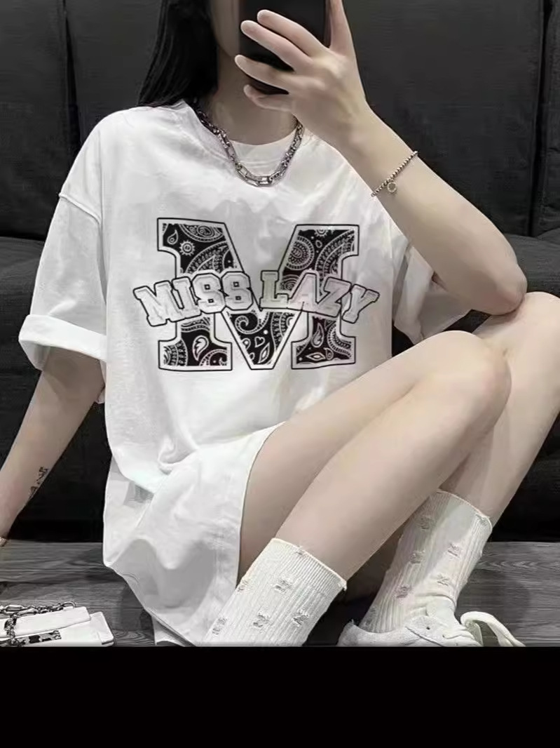 Sweet and Spicy chubby girl Top Letter Large Edition Printed Short-sleeved Heavy T-shirt Short-sleeved T-shirt Women's Summer Loose Lazy Style Top