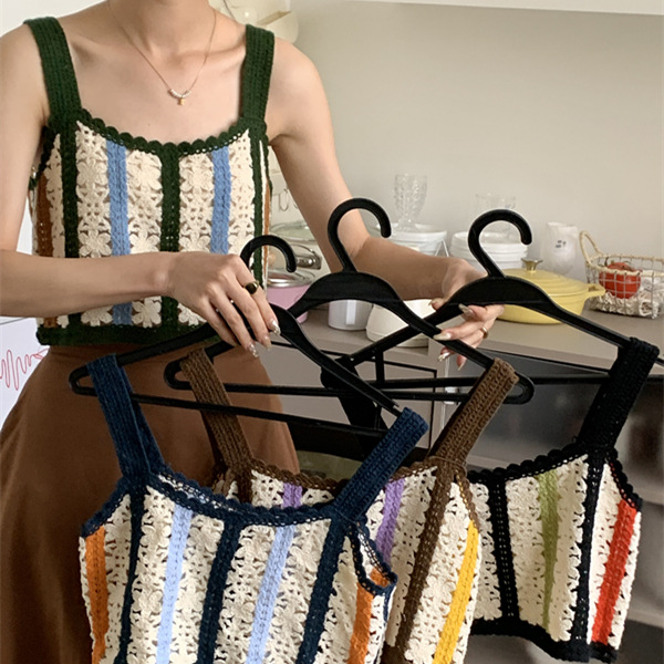 Picture of 2025 New Summer Style Knitted Hollow Embroidery Stitching Contrasting Color Fashion Camisole Vest for Women
