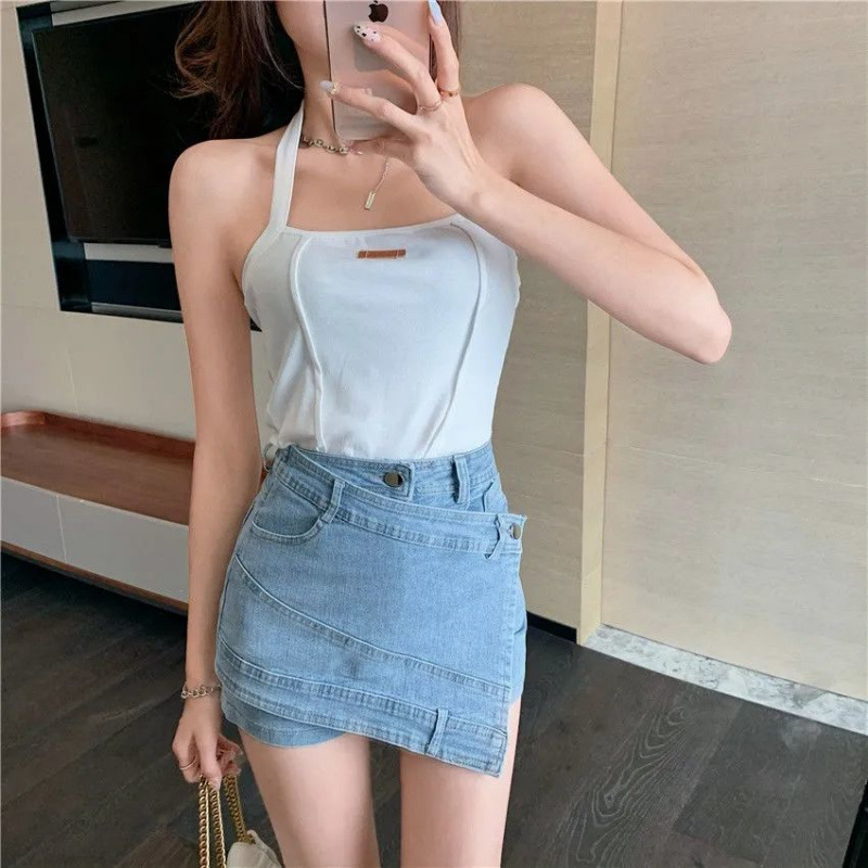 Denim Skirt Design Sense Niche Irregular Skirt Anti-walking Pants Skirt Women's Summer 2022 plus size Pants Skirt