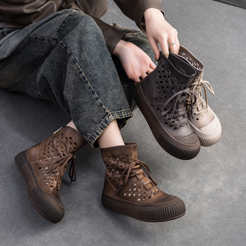 Shanghai Jiejie 2024 Spring New Breathable Hollow Hole Shoes Head Layer Cowhide Sandals Retro Fashion Women's Shoes