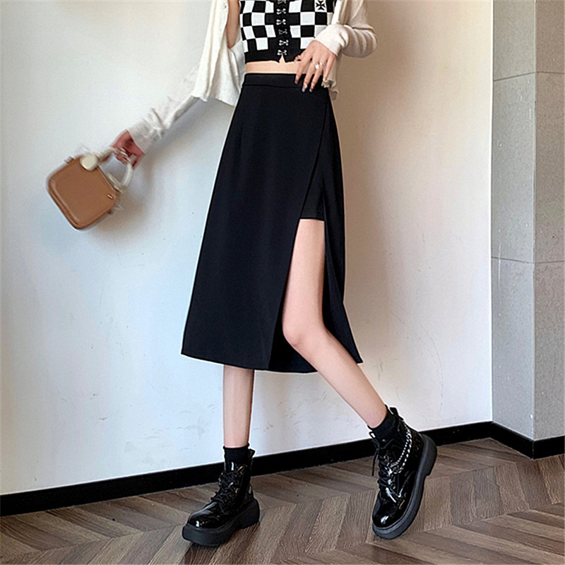 2023 Irregular Split Black One-Step Skirt Women's Summer Mid-Length A- Line Skirt High Waist Hip Skirt